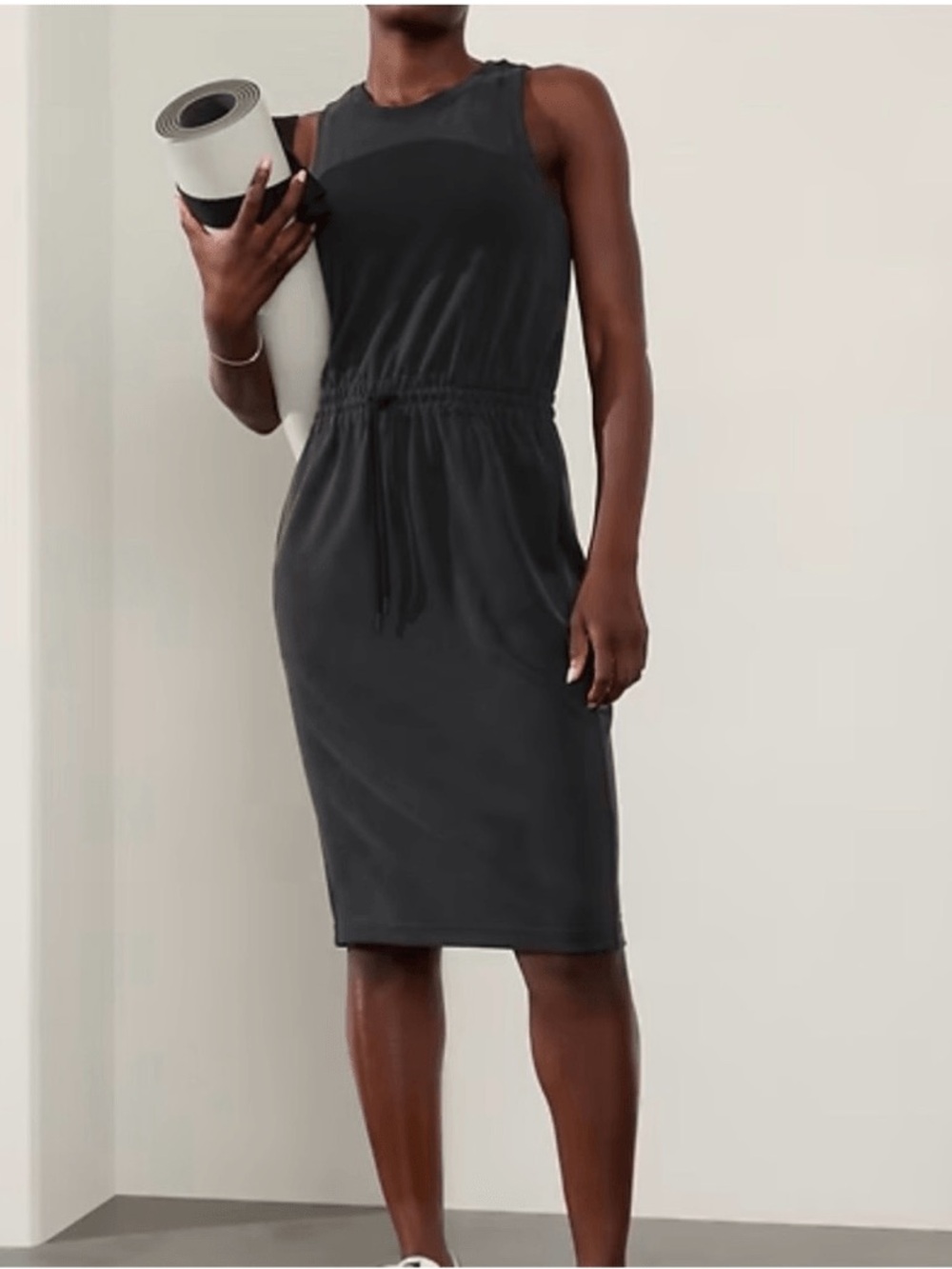 Athleta Black Sleeveless Midi Drawstring Waist Knit Dress
